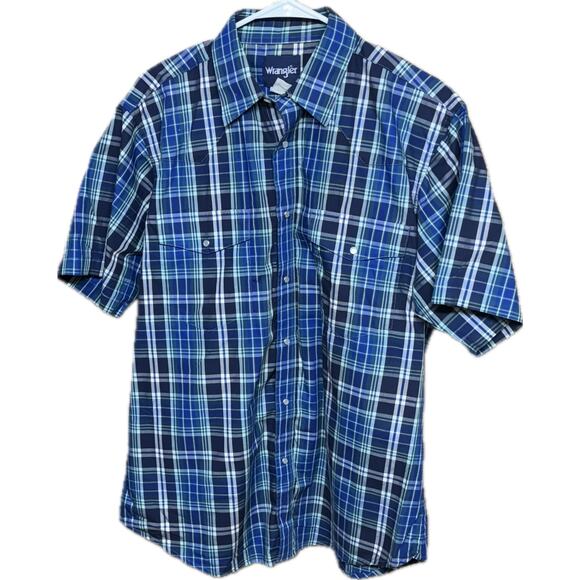 Wrangler Vintage Blue Plaid Pearl Snap Button Up Cotton Short Sleeve Shirt Men L - Picture 1 of 7